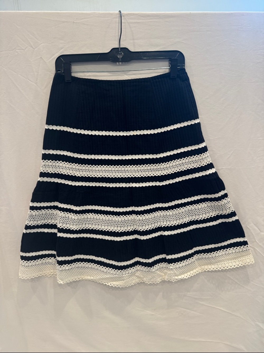 Talbots Black and White Striped Crochet-Trim A-Line Skirt, Size 4